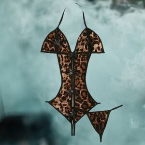 Leopard Halter Cut Crotchless Lingerie with Thong